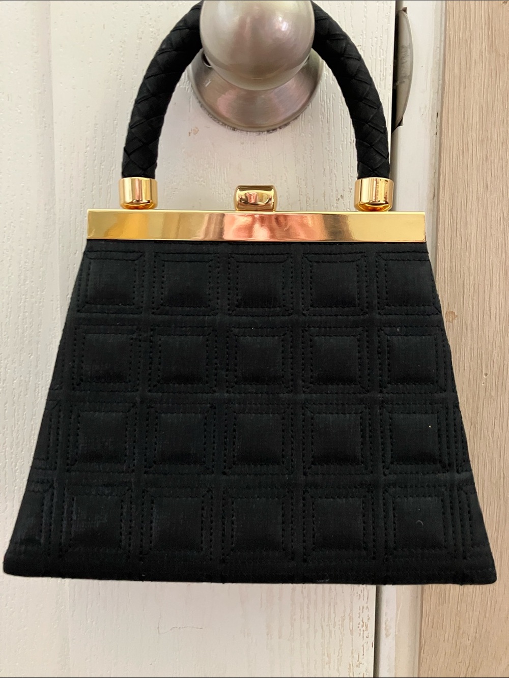 Black Quilted Mini Top-Handle Bag with Gold Frame